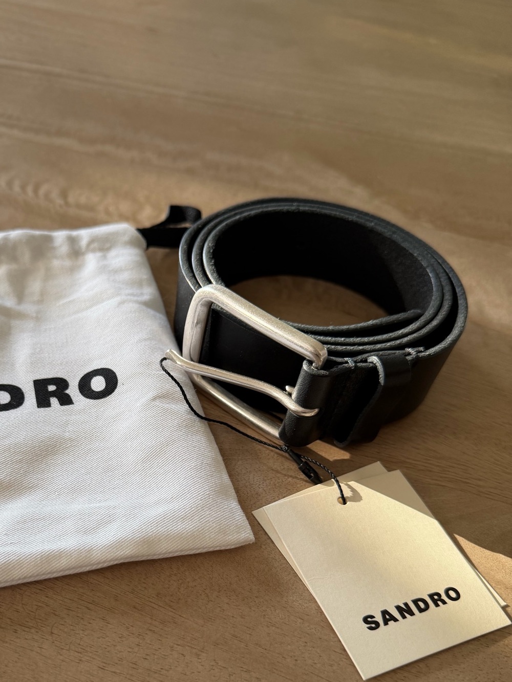 Sandro Black Leather Belt with Silver Buckle